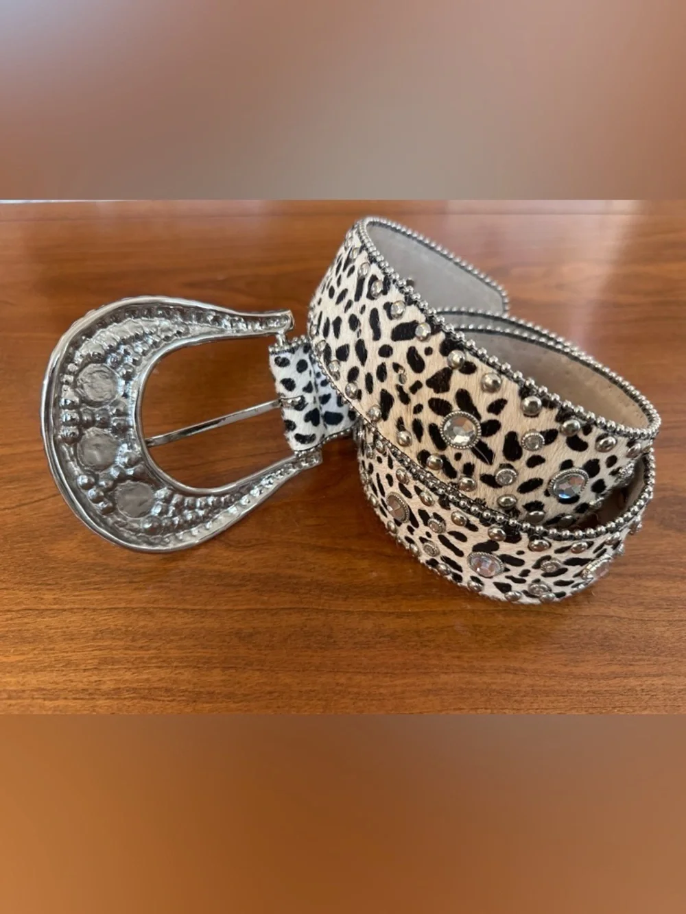 Christine Alexander Leopard Haircalf Rhinestone Western Belt Crystal Buckle Y2K